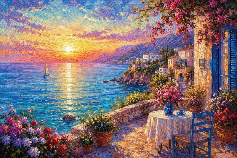 new hand made Painting on 16″x 12″ canvas Mediterranean Terrace Sunset by Wendy