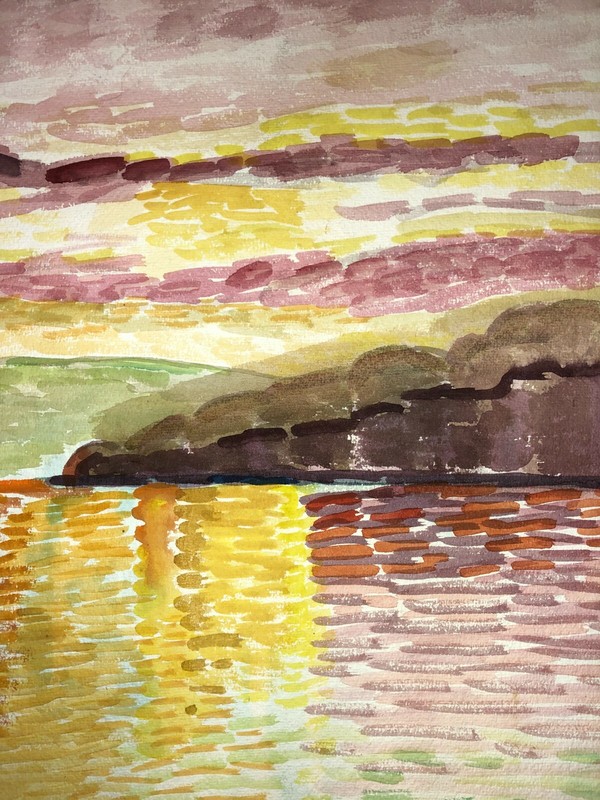 Blue Boat in Yellow Water Impressionist Seascape W/C-1970s-Israel Louis Winarsky gallery