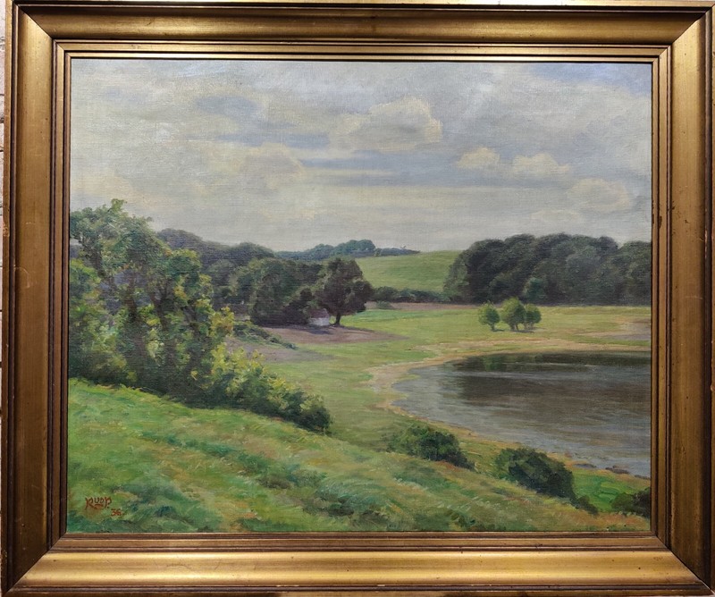 Rudolf Rud Petersen (1871-1961):GREEN MEADOWS AND LAKE, original oil, dated 1936