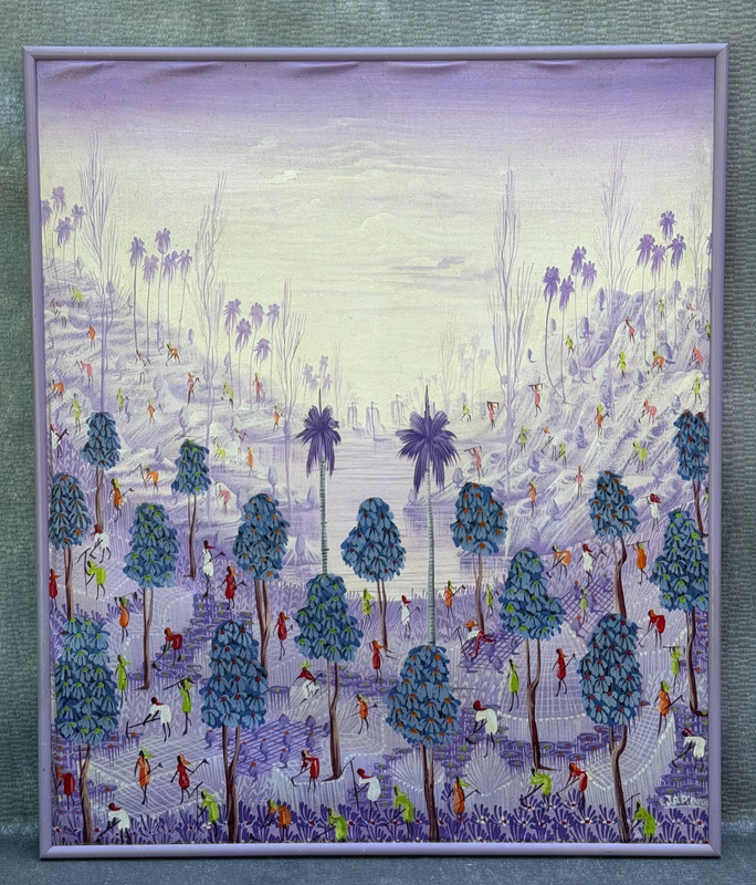 J.A. PIERRE SIGNED HAITIAN CARIBBEAN OIL PAINTING FIELD WORKERS LABORERS ON HILL