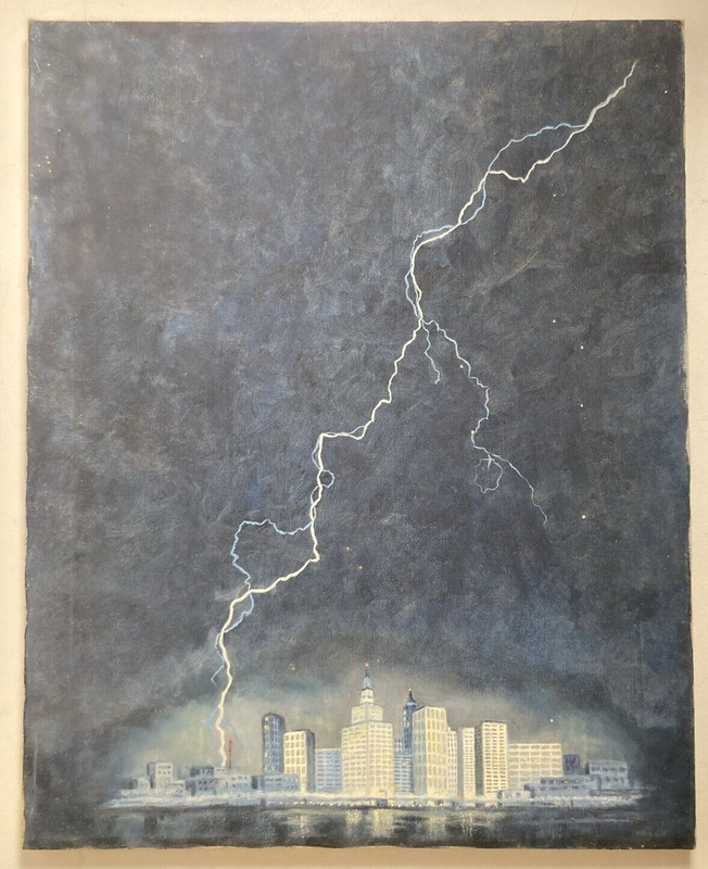 Vintage Original Oil Painting Lightning Strike Nocturne Cityscape Big Skyline gallery