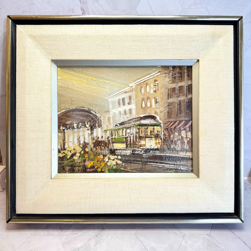 John Checkley Original Oil Painting Trolley Street Car Flower Cart MCM 8×10 EUC