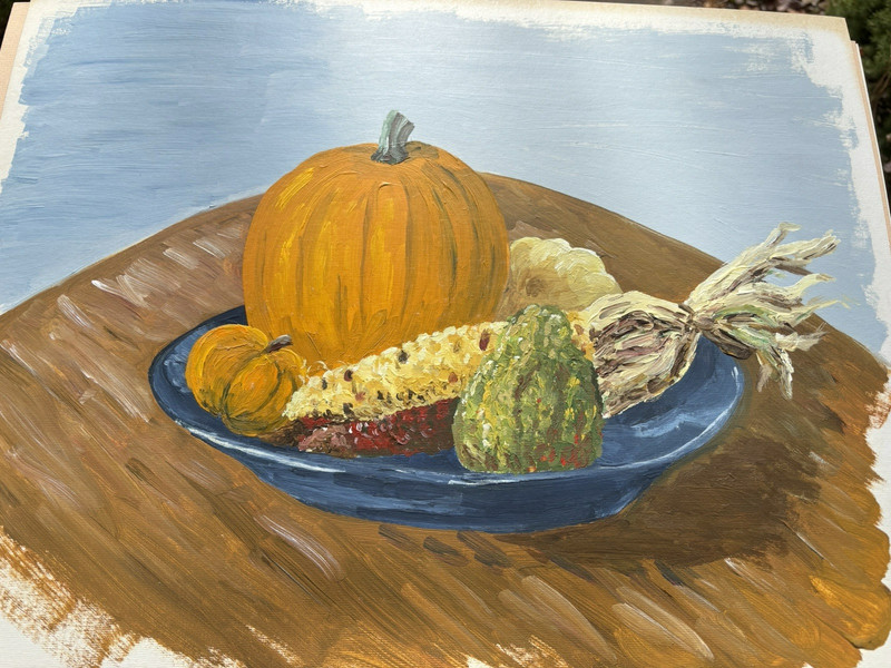 Vintage Still Life Pumpkin Thanksgiving Fall Oil on Canvas Painting Unsigned