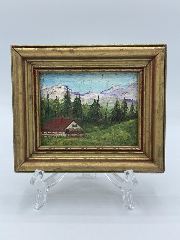 Small Folk Art Painting Pastoral Mountain Scene Alpine Village Framed Labeled