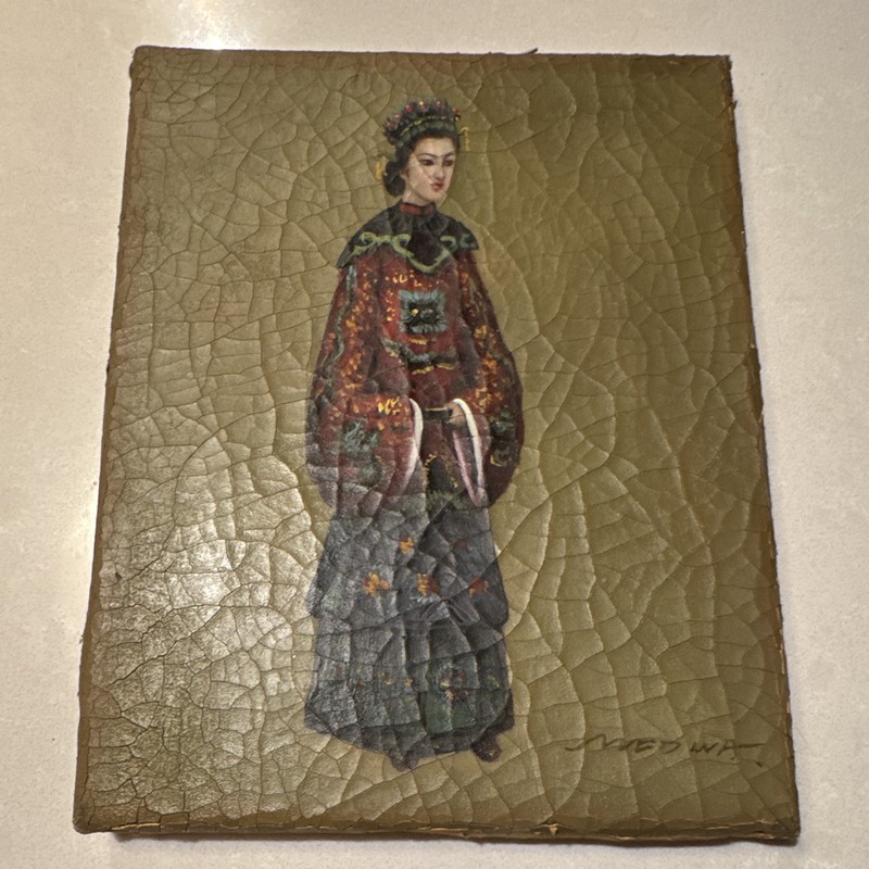 Vintage Chinese oil painting. Cloth canvas wrapped around wood.