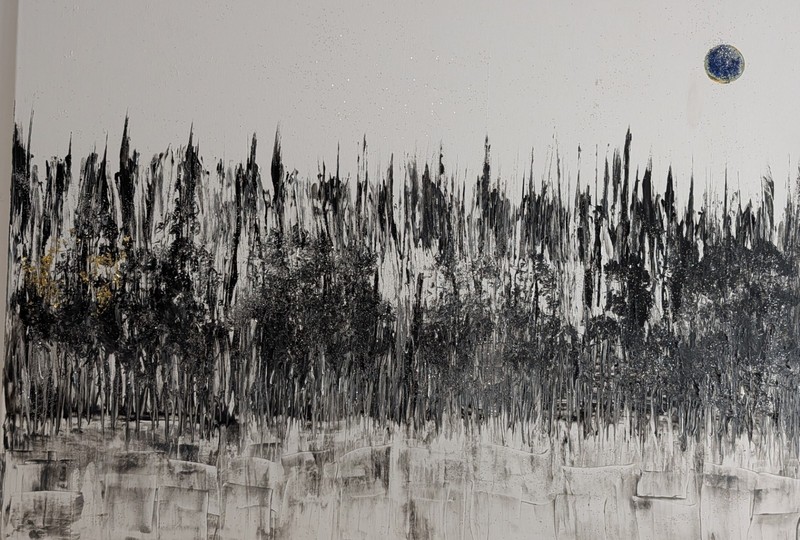 Abstract Black & White Forest Landscape Painting with Blue Moon, Trees