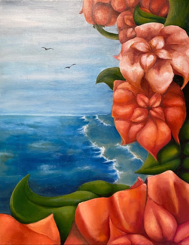 Rare Original Oil Painting Direct From Artist Seascape and Flowers Landscape