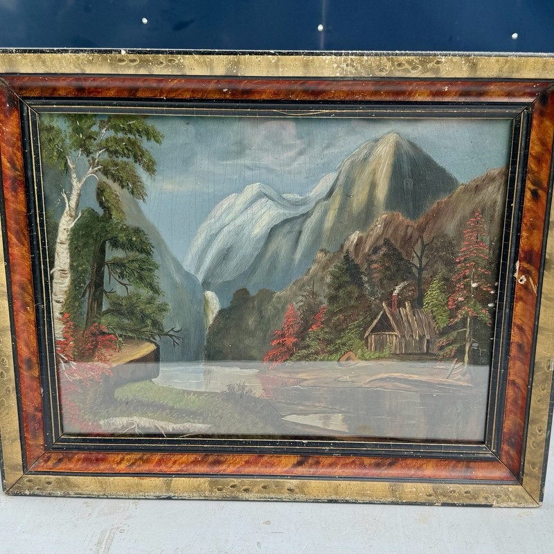 Antique Folk Art Mountain Landscape Painting Cabin Sense 1900s Framed gallery