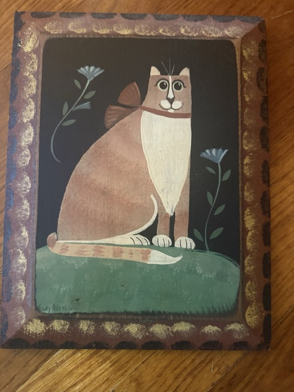 Signed Wendy Presseisen (NY) Original Folk Art Painting Cat on Wood Panel OOAK