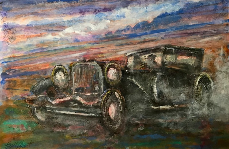 Racing Oldies 10 x15 in.. Acrylic on panel Hall Groat Sr.