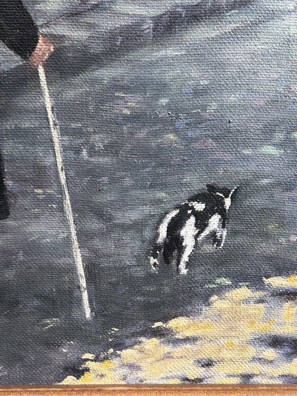 Original Oil on Canvas French Street Scene, Lady and Cat, Signed, Framed 28" gallery