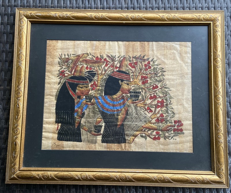 Vintage Signed Framed Egyptian Genuine Gold Leaf Painting on Papyrus