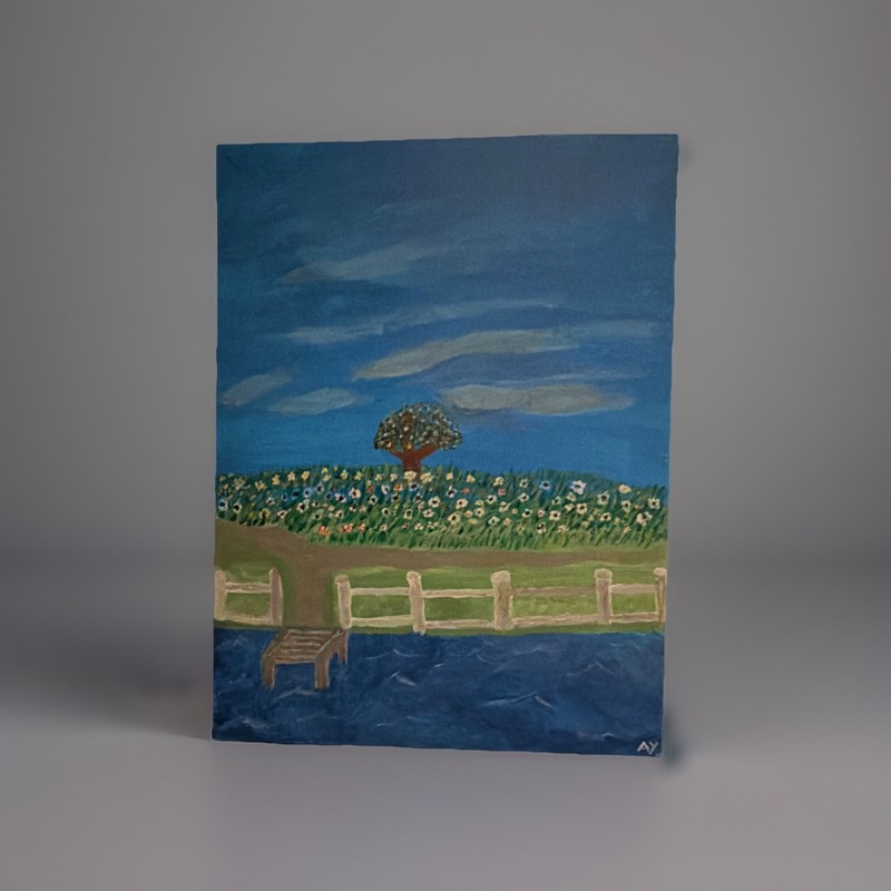 Landscape Tree Flowers Water Acrylic Painting on Canvas, Original, Unframed, Si…