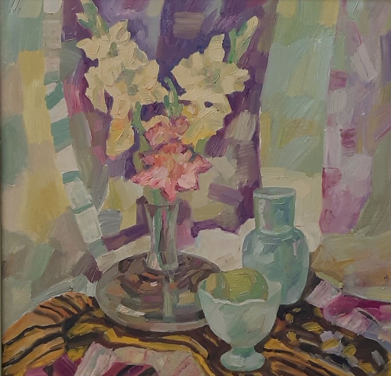 Abstract Oil painting Still life with gladioli of Ukrainian Canvas original art