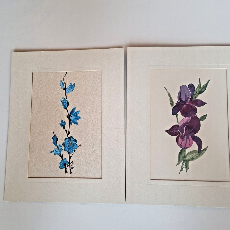 Two Flower Paintings Artist Signed Purple Iris Blue Branch Matted 7×9 Inches