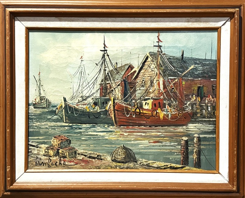 Brian Roche (USA), VTG MCM Orig. Impressionist O/C Harbor Scene w/Boats, Signed!