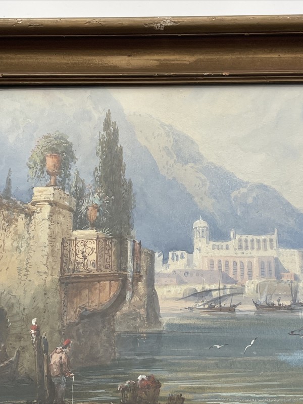 MASTERFUL ANTIQUE PAINTING COAST NAUTICAL BEACH ITALY ARCHITECTURE 19TH CENTURY gallery