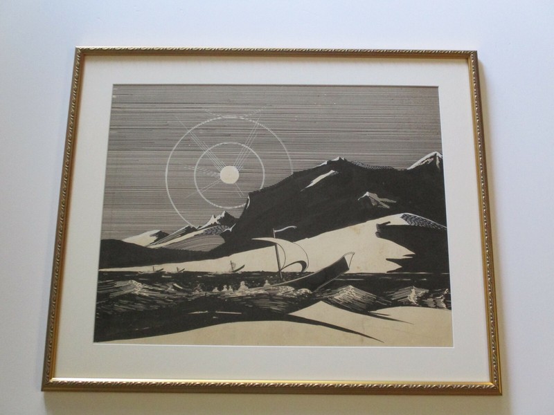 ANTIQUE PAINTING DRAWING ART DECO ILLUSTRATION BEACH LANDSCAPE POINTILLISM BOAT gallery
