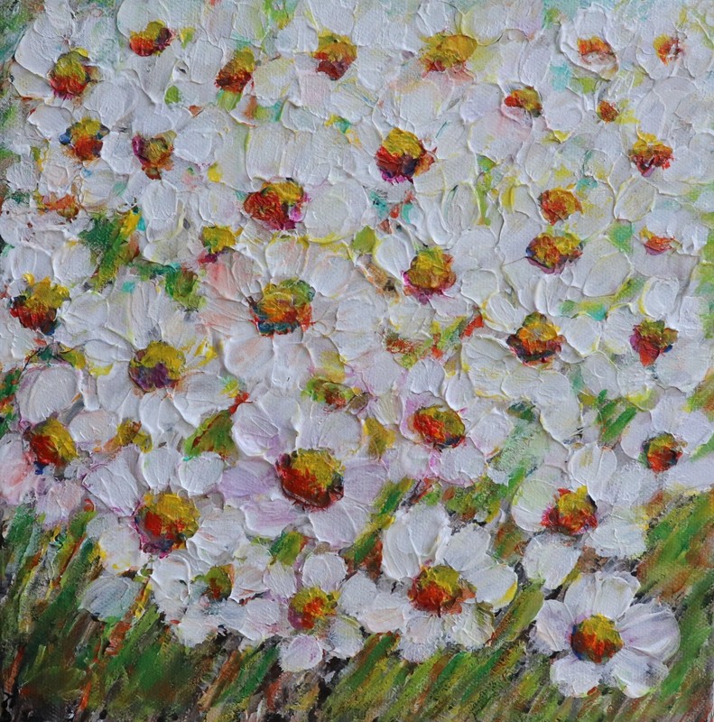 Original Daisy Painting 10×10 Textured Palette Knife Floral Wall Art