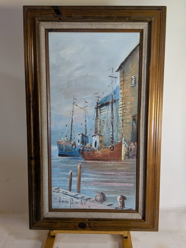 Harbor Ships Oil Painting Original Signed Brian Roche Framed Vintage Seascape