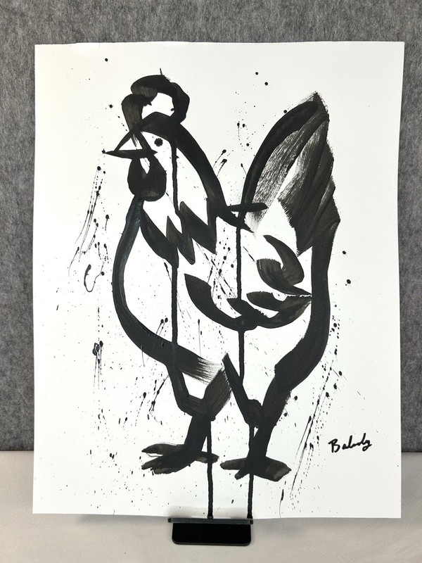 Bold Abstract Rooster Painting Black Ink Modern Art on Heavyweight Paper 11×14