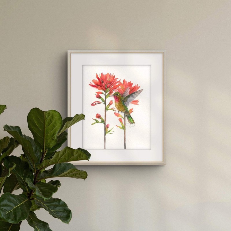 Original Watercolor Hummingbird and Red Flowers 8x10 Painting Unique Artwork gallery