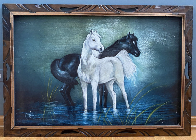 Vintage Ortiz White Horse Black Stallion Horses Black Velvet Painting 40×28