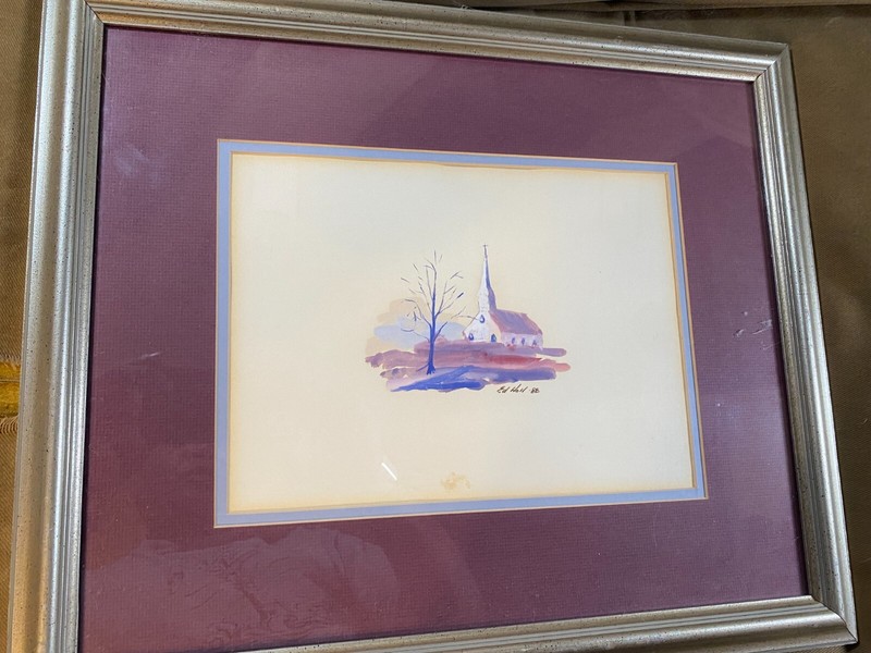 Edwin G Holl 88 «Church & Landscape Scene» Watercolor Painting – Signed/Framed