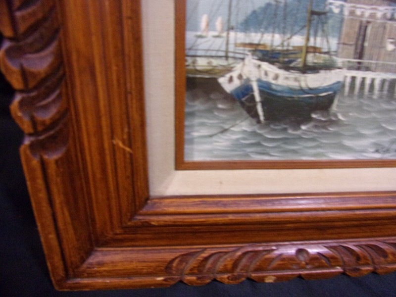 Vintage Signed,Carved Wood Framed Oil Painting Moored Fishing Boat at a Pier gallery