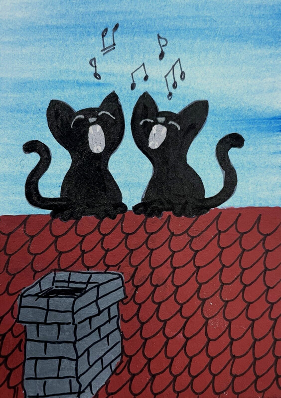 ACEO Mini **Art Print** Black Kitty Cats Kittens Singing on Roof by Saulite