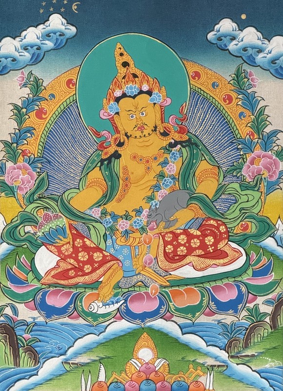 JAMBHALA/KUBER ORIGINAL MASTER QUALITY TIBETAN THANGKA PAINTING WITH SILK BORDER gallery