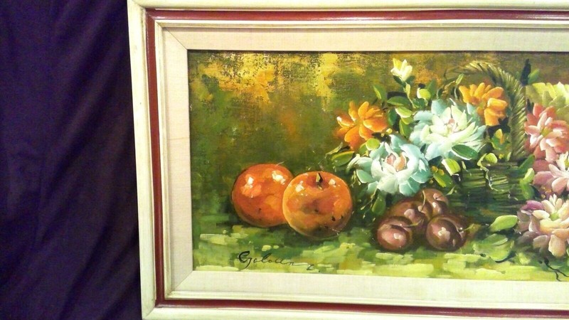 Vintage Large Oil on Canvas Painting Expressionist Still Life Signed - Golden gallery
