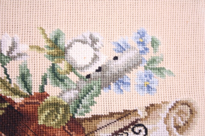 Hand Stitched 14” Needlepoint Victorian Style Still Life Violin Flowers on Board gallery