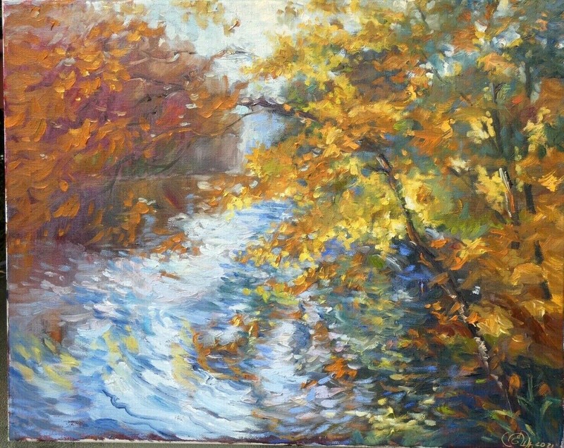 ORIGINAL OIL HAND PAINTING AUTUMN FALL ON LAKE for sale by artist CANVAS