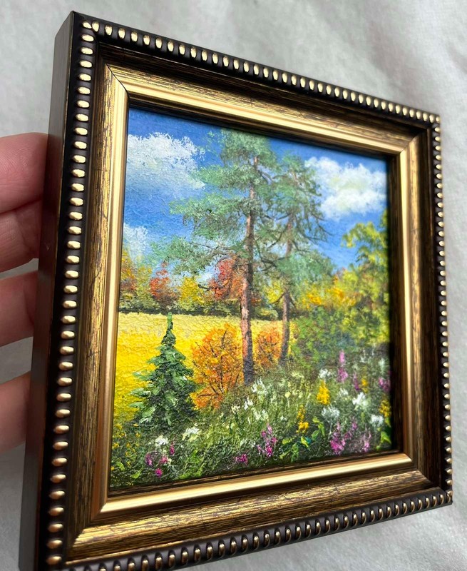 Autumn Original Oil Painting Landscape Field Trees Small Wall Art 4 x 4 in gallery