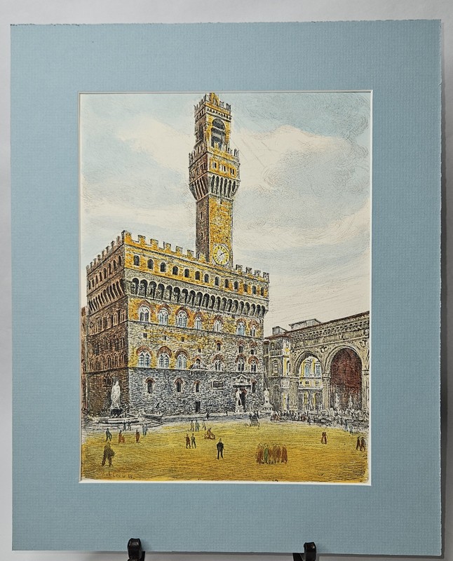 Antique by Bela Sziklay Hand-Colored Etching of Palazzo Vecchio Signed & Matted
