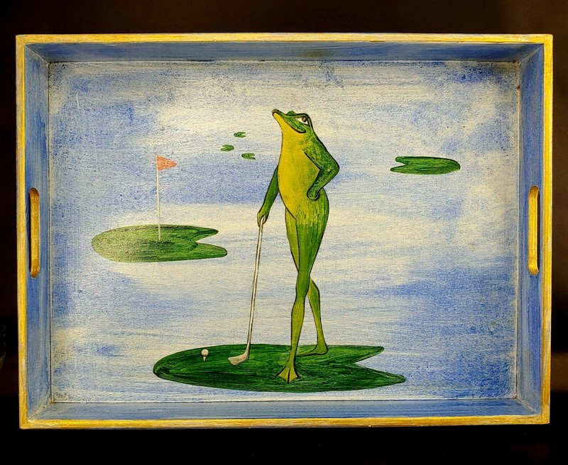 Frog Golfing on Lily Pad Tray Handpainted by Rebecca Campbell London Signed s-2B