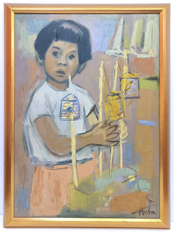 LISTED AMERICAN IRVING AMEN SIGNED ORIGINAL OIL on CANVAS BOY w/ BIRDS FRAMED