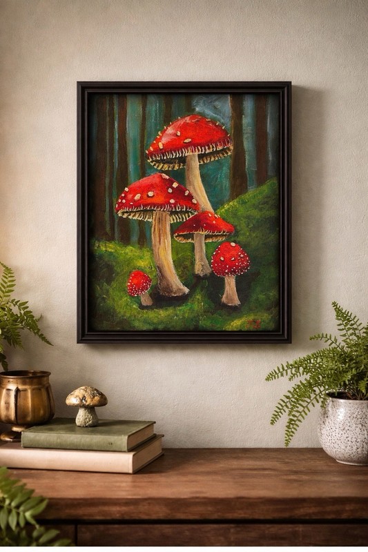 Mushroom Painting Red Toadstool Woodland Cottage core Art 11×14 Framed