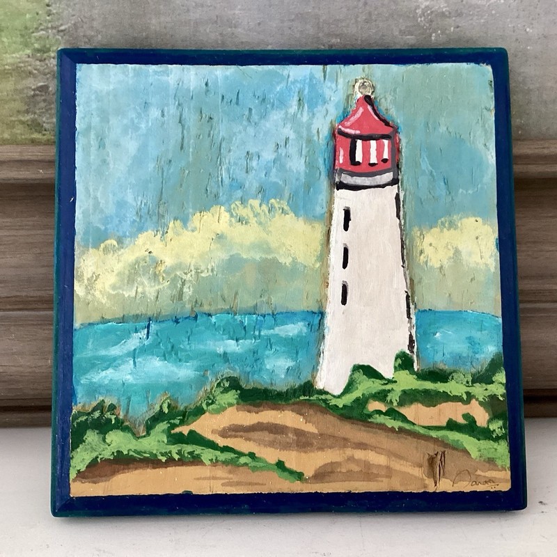 Painted Wood Carving Lighthouse Plaque Wall Decor Artist Signed 7” Square Sea
