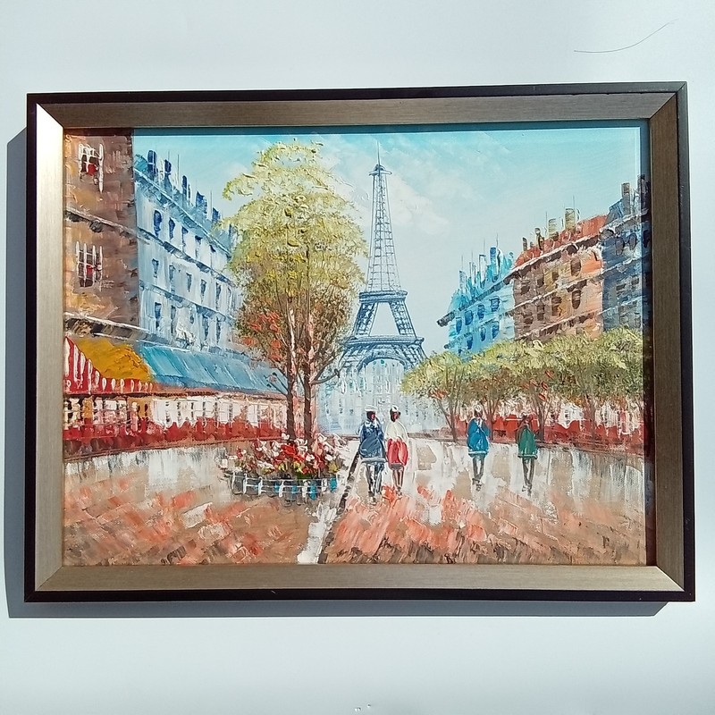 Paris Street Eiffel Tower Oil On Canvas Painting Framed 15.75″ x 11.75″