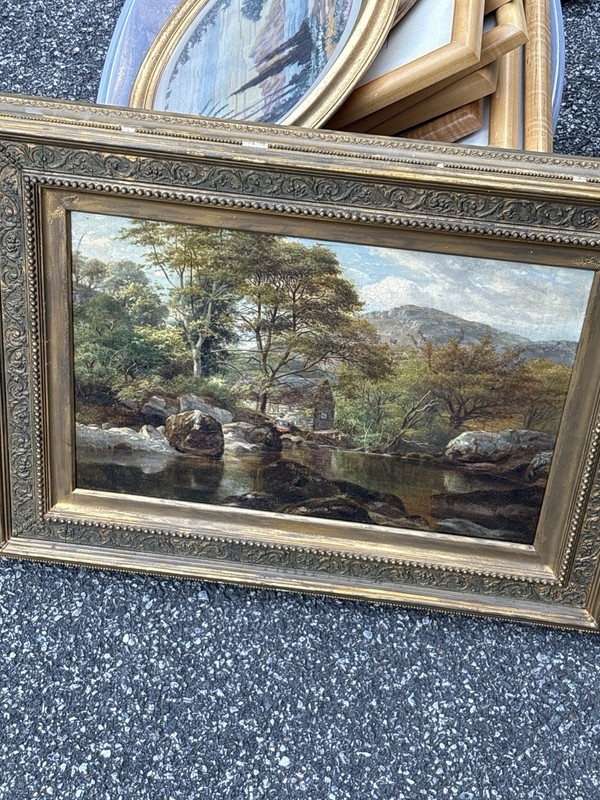 Antique 1885 J. Harrison English Landscape Oil Painting On Canvas Victorian