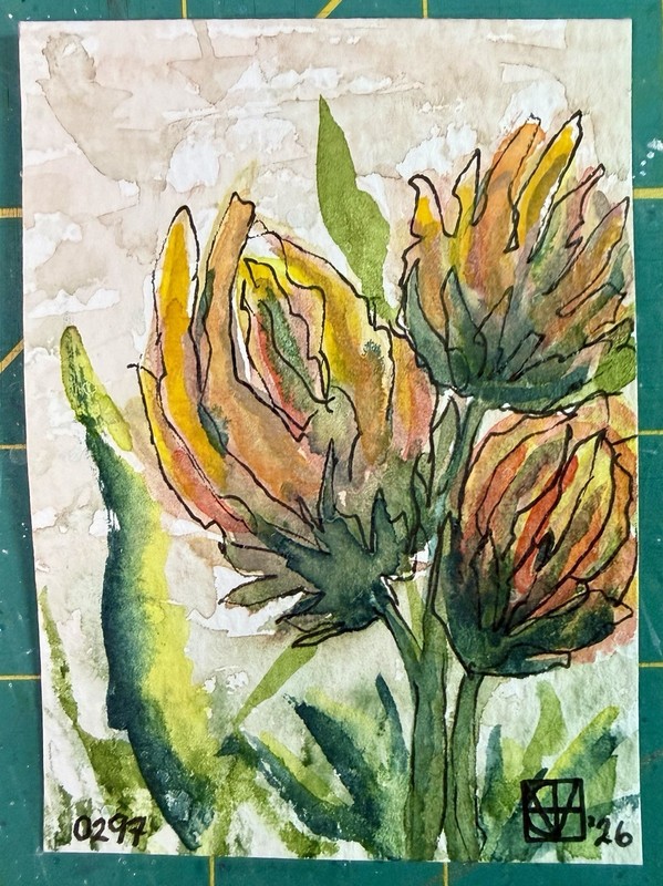 ACEO Painting by M. Hackney Floral Watercolor & Ink, Signed, 2.5x3.5", 2026 gallery