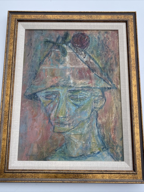 MID CENTURY PAINTING JESTER CLOWN LISTED SAMUEL CLAYBERGER MODERNISM 1950'S OIL gallery