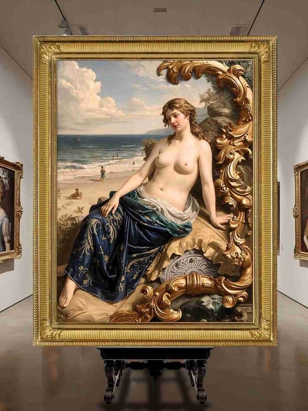 A work of art on canvas, a woman in architecture and ornamentation 55 x 73cm