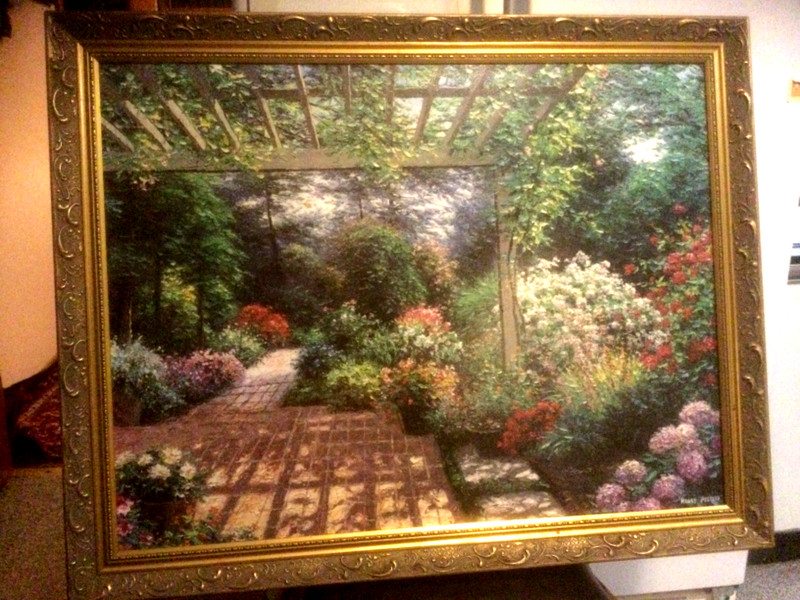 HENRY PEETERS SIGNED OIL CANVAS GLICEE FLOWER GARDEN PAINTING ~36 x28”GOLD FRAME