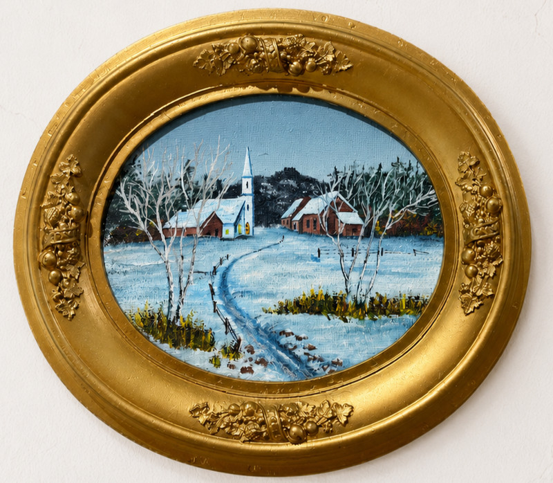 Vintage R Shearer Winter Landscape Oil Painting Gold Oval Frame Church Snow