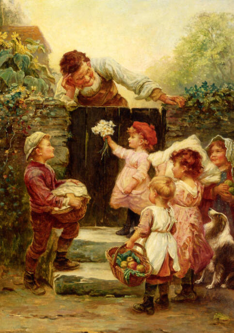 Oil painting Frederick-Morgan-Grandfathers-Birthday children old man landscape