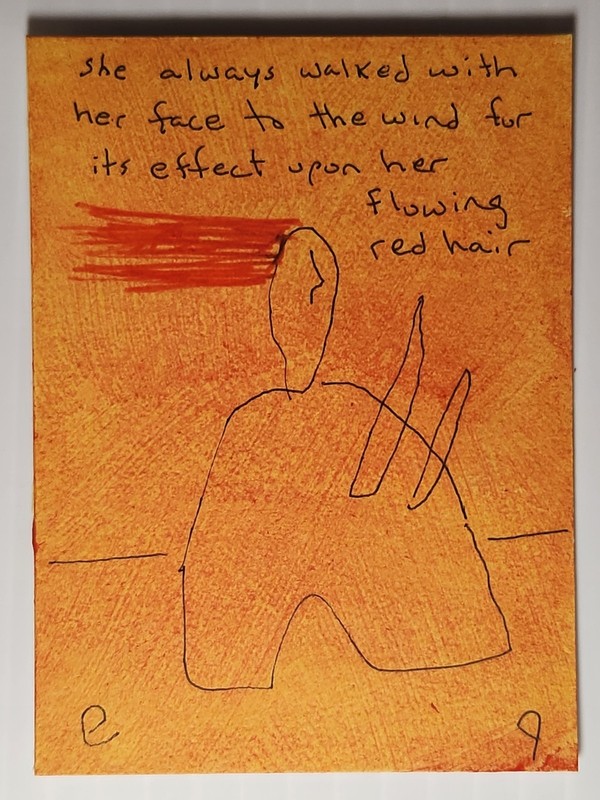 e9Art ACEO woman with flowing red hair outsider art brut naive
