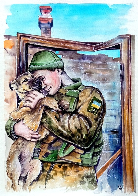 Ukrainian Soldier with Dog, Original Watercolor War Painting, Ukraine gift